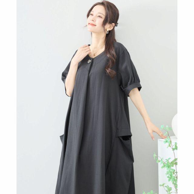 TRUBE ワンピース 半袖 綿混 ゆったり 膝下丈 春 夏 M L 黒 グレー 20