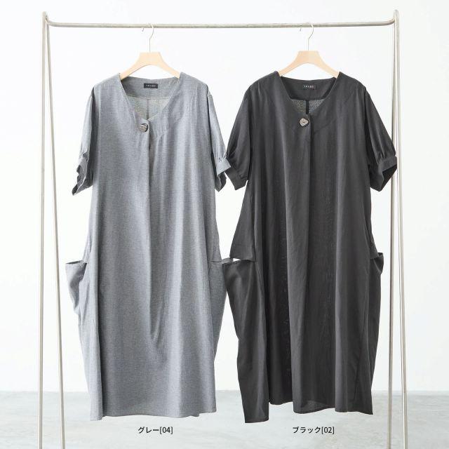 TRUBE ワンピース 半袖 綿混 ゆったり 膝下丈 春 夏 M L 黒 グレー 20