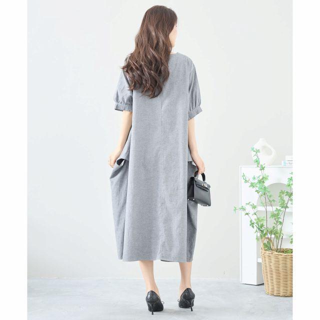 TRUBE ワンピース 半袖 綿混 ゆったり 膝下丈 春 夏 M L 黒 グレー 20