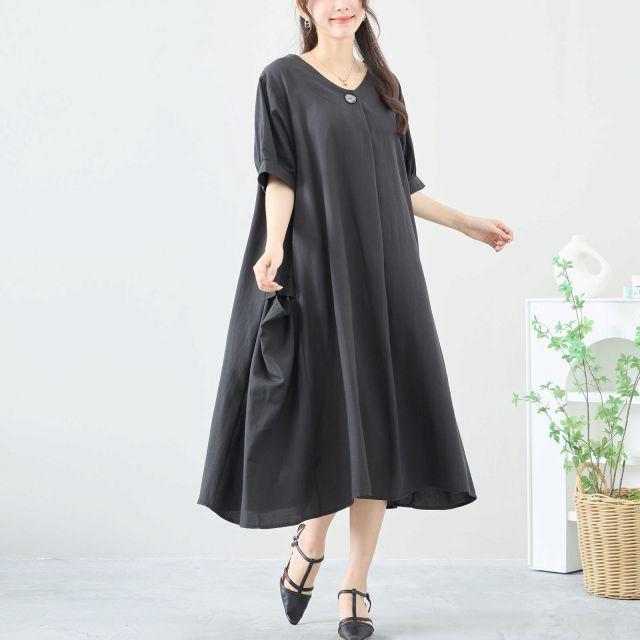 TRUBE ワンピース 半袖 綿混 ゆったり 膝下丈 春 夏 M L 黒 グレー 20