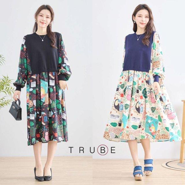 TRUBE ワンピース 長袖 チュニック 異素材切替 フレアー ミモレ丈