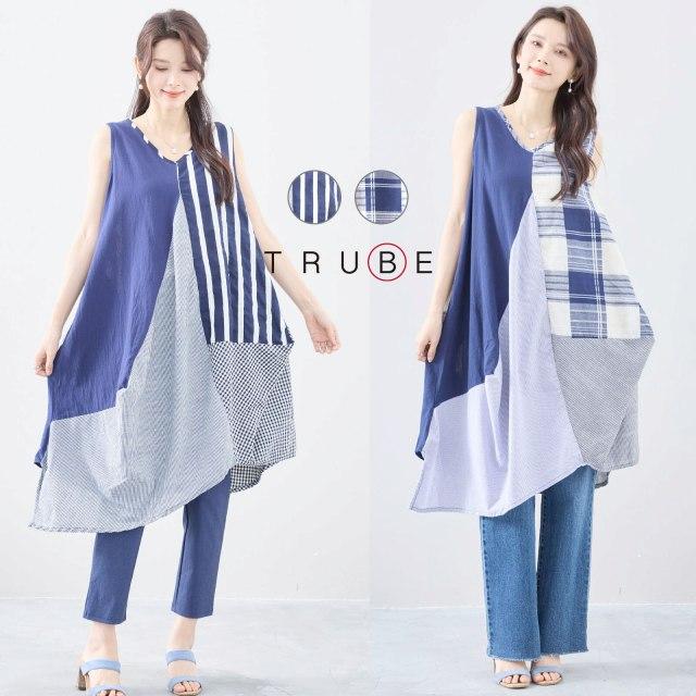 TRUBE ワンピース 綿 麻 ノースリーブ ストライプ チェック 春 夏 M L
