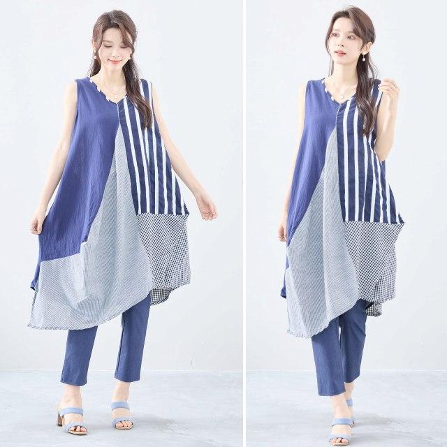 TRUBE ワンピース 綿 麻 ノースリーブ ストライプ チェック 春 夏 M L