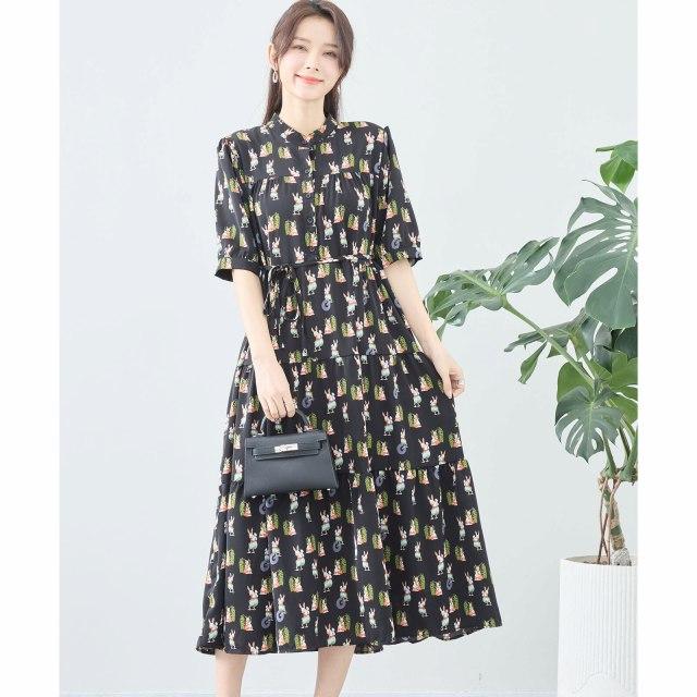 TRUBE ワンピース 半袖 ロングワンピース ギャザー 前ボタン ミモレ丈