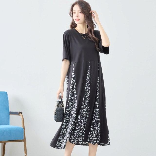花柄半袖ロングワンピース 黒 y5111.jpg