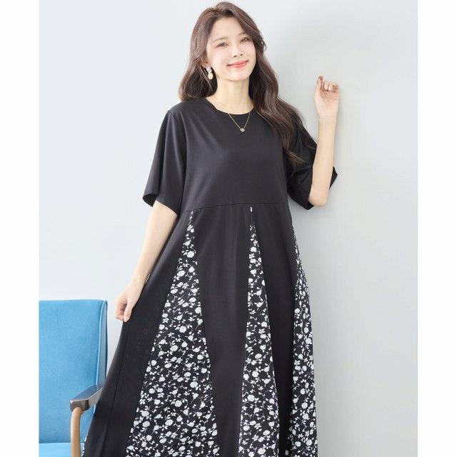 TRUBE ワンピース 半袖 ロングワンピース ハギ 花柄 切替 ミモレ丈 春
