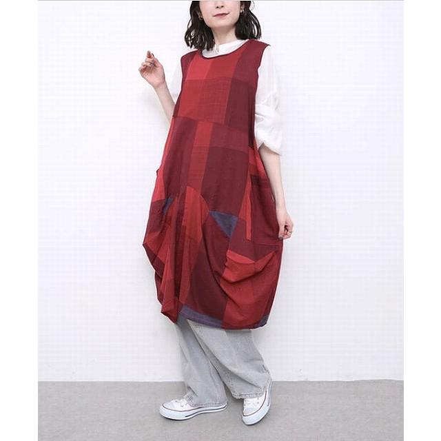 ワンピース チュニック 格子柄 チェック ノースリーブ 綿 レーヨン