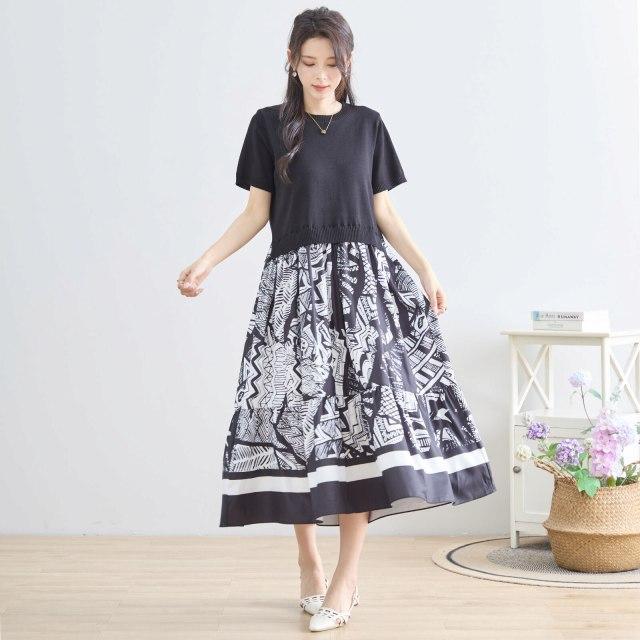TRUBE ワンピース 半袖 アート柄 大人可愛い ニット ミモレ丈 春 夏