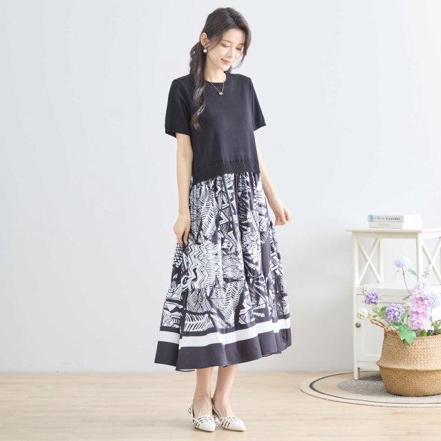 TRUBE ワンピース 半袖 アート柄 大人可愛い ニット ミモレ丈 春 夏