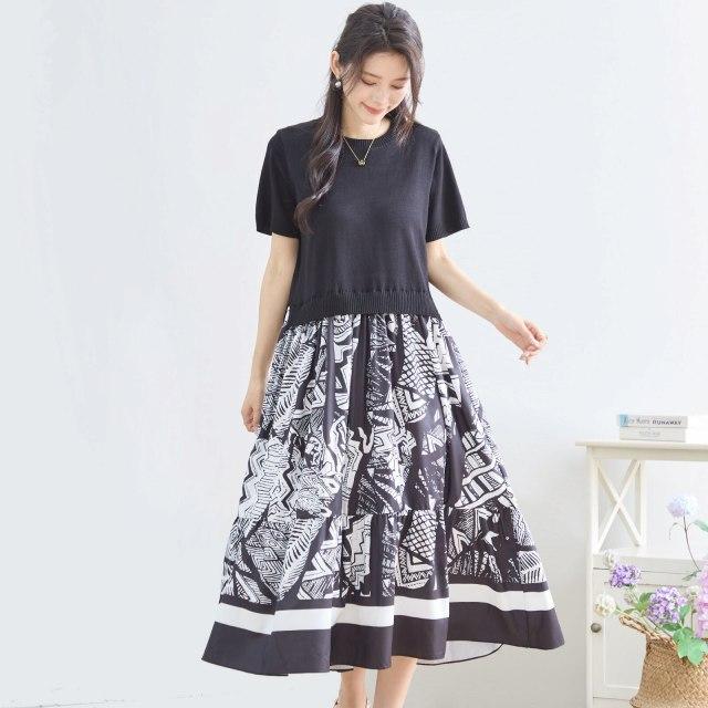 TRUBE ワンピース 半袖 アート柄 大人可愛い ニット ミモレ丈 春 夏