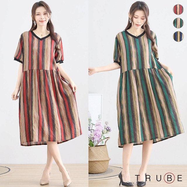 TRUBE ワンピース 半袖 サマー プリント Vネック 綿100