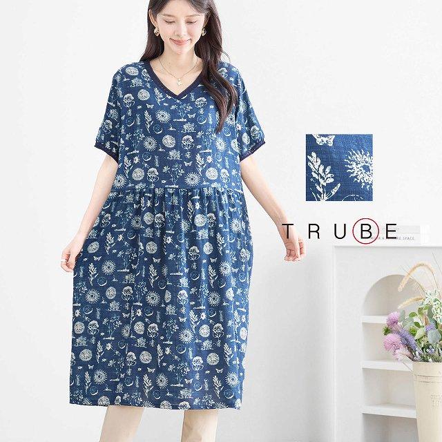 TRUBE ワンピース 半袖 Vネック 綿100％ ボタニカル プリント