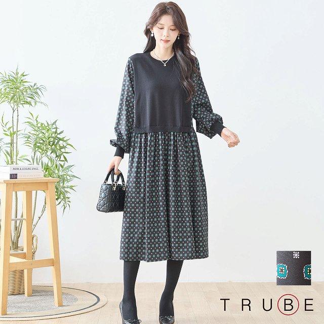 TRUBE ワンピース 長袖 レディース チュニック 異素材切替 ミモレ丈