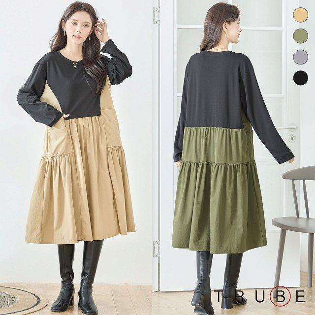 TRUBE ワンピース 長袖 レディース チュニック 大人可愛い 異素材切替