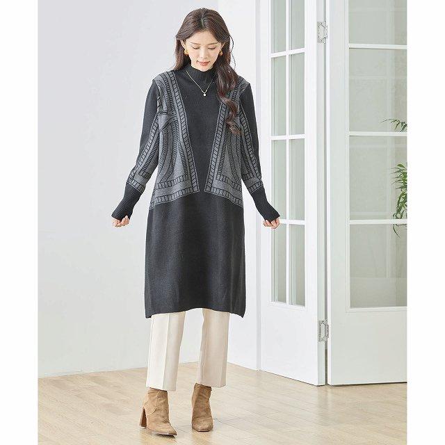 TRUBE トゥルべ ニットワンピース 長袖 ロング丈 黒白 きれいめ/F ☆TRUBE トゥルべ ニットワンピース 長袖 ロング丈 黒白 きれいめ/F