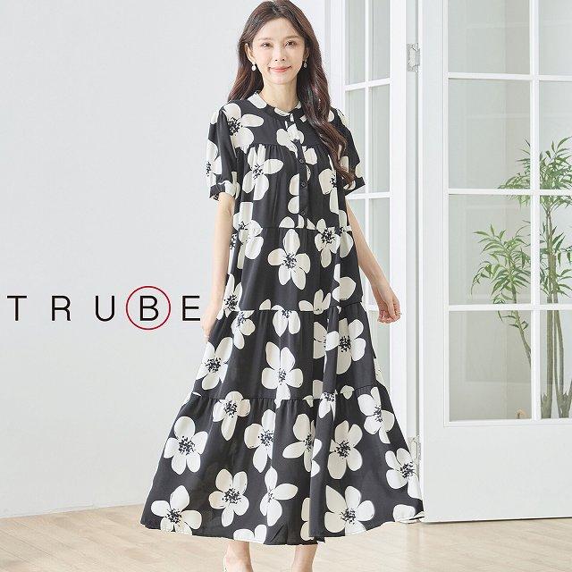 TRUBE ロングワンピース 半袖 30代 40代 50代 チュニック ギャザー 前