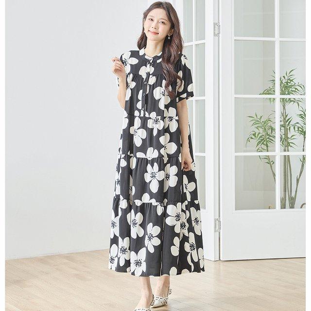 レディース 【Plantation】 総柄 ロングチュニック ワンピース 絞り