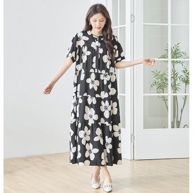 ★LEONARD★半袖ワンピース　サイズ4 美品　送料込み！ TRUBE ロングワンピース 半袖 30代 40代 50代 チュニック ギャザー 前