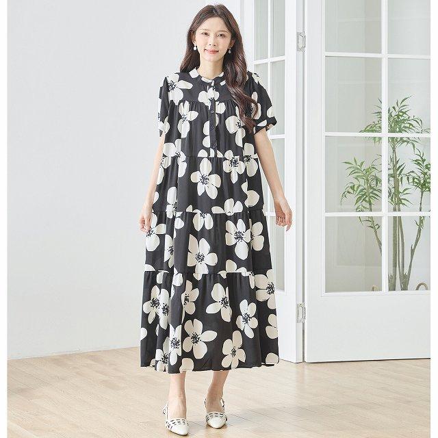 美品⁂センソユニコ⁂半袖ワンピース　ロングチュニック　総柄　サークル　インナー付 TRUBE ロングワンピース 半袖 30代 40代 50代 チュニック ギャザー 前