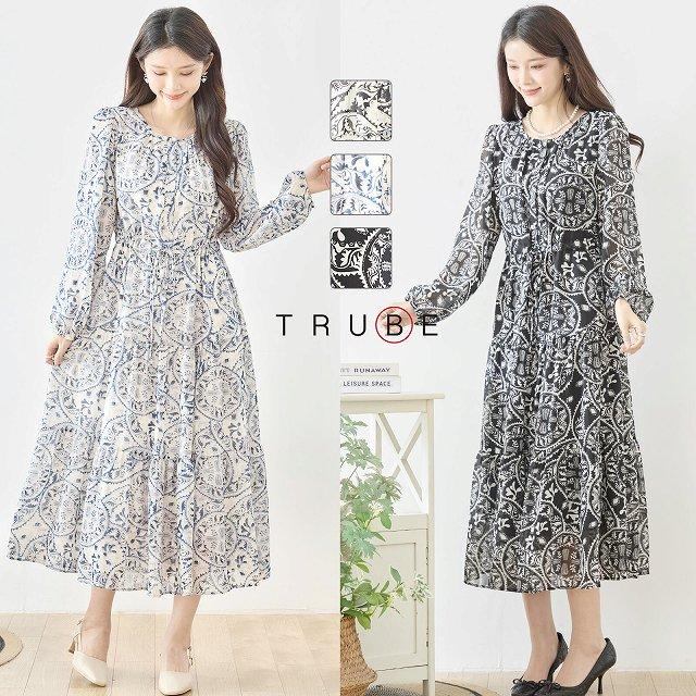 TRUBE ワンピース 長袖 オリエンタル調 30代 40代 50代 60代 プリント
