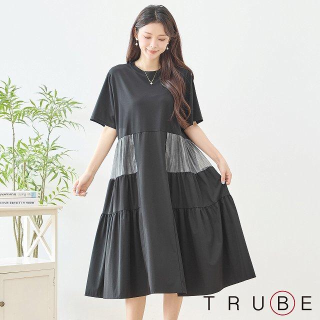 TRUBE ワンピース 半袖 フレアー レディース チュニック 異素材切替