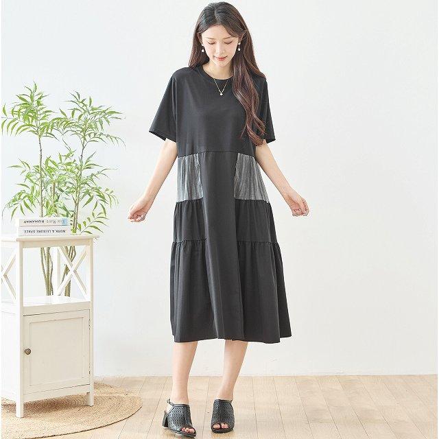 minaperhonen 半袖チュニック 膝丈ワンピース　黒　ツインズ TRUBE ワンピース 半袖 フレアー レディース チュニック 異素材切替