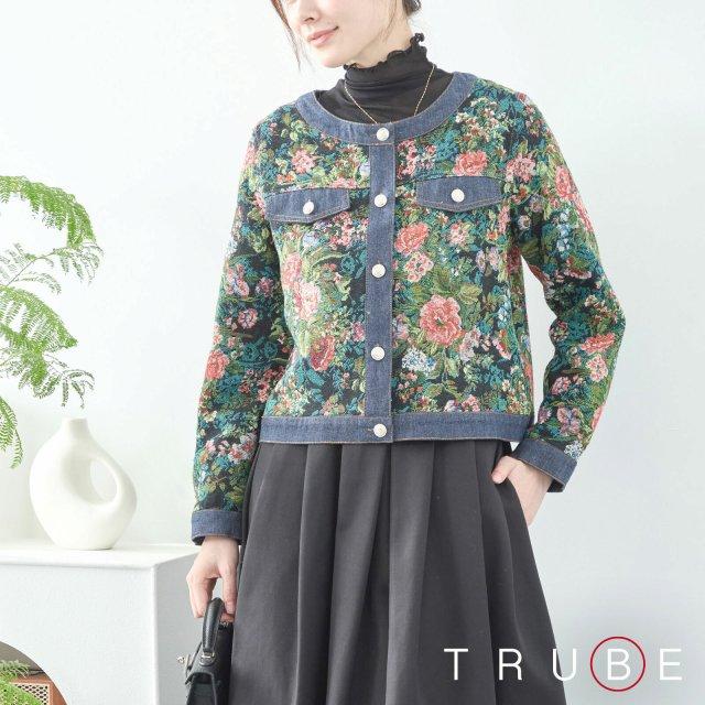 TRUBE ジャケット ゴブラン調 ノーカラージャケット デニム アウター 