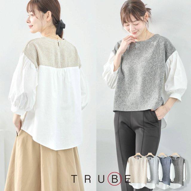 TRUBE ブラウス シャツ コットン 綿混 プルオーバー 七分袖 丸首