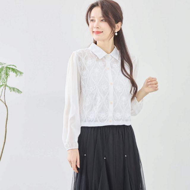 TRUBE シャツ レディース 刺繍 配色 花柄 ブラウス 綿 長袖 トップス