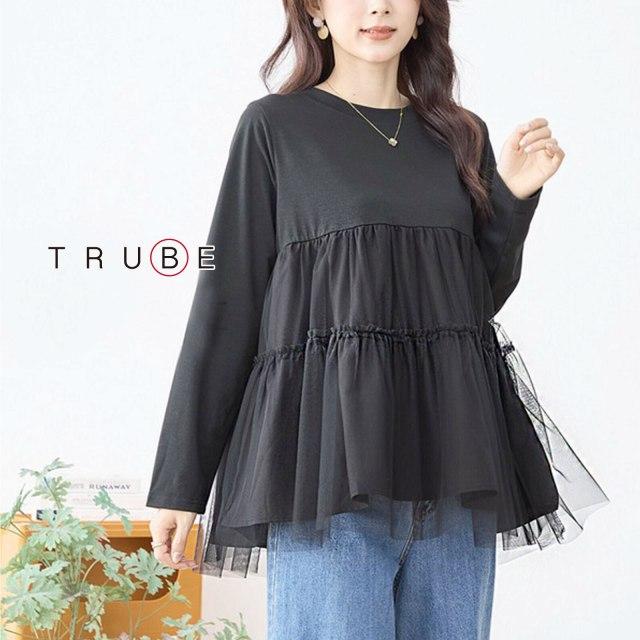 TRUBE チュニック 大人可愛い ブラウス カットソー 異素材切替 
