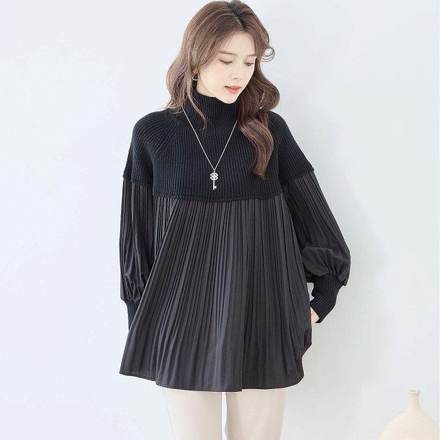 TRUBE ニット 長袖 ハイネック ブラウス プリーツ 異素材切替 トップス