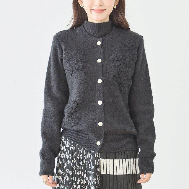 TRUBE カーディガン ニット レディース 花モチーフ丸首 前開き 秋 冬