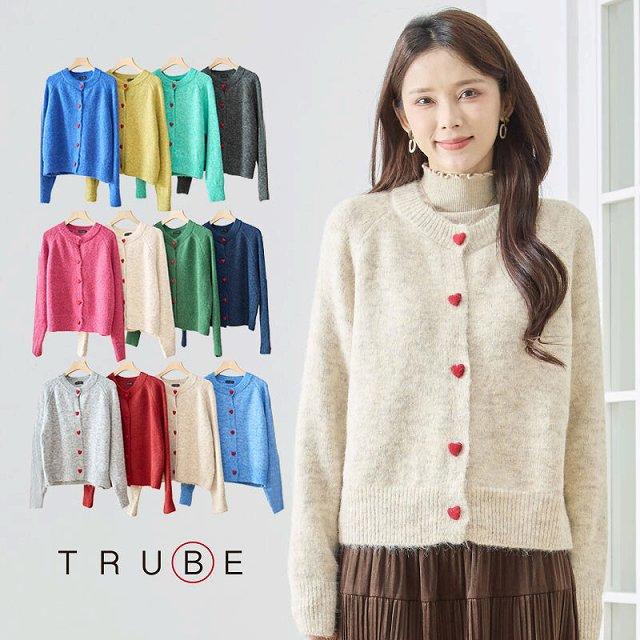 TRUBE カーディガン ニット 長袖 トップス 前開き 包みボタン 丸首