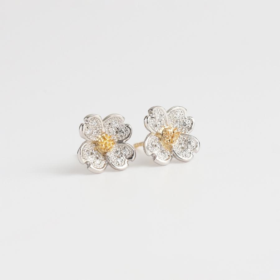 フラワー ピアス ダイヤモンド コンビカラー 花水木 レディース プラチナ ゴールド pt900 k18 片耳 両耳 ギフト プレゼント  Flowering Pierce | Avaron | 01