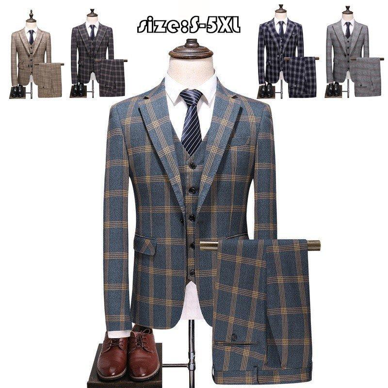 ファッション 1つボタン チェック柄 ビジネススーツ 3ピーススーツ メンズスーツ 1つボタ チェック柄 ビジネススーツ 3ピーススーツ メンズスーツ メンズ 結婚式 高品質 ファッション セットアップ 大きい 紳士服 男性用 スリムスーツ ビジネススーツ