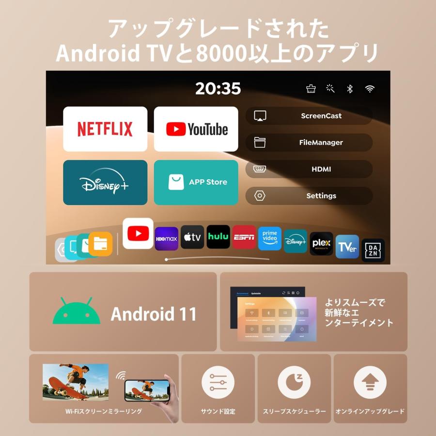 プロジェクター Android TV 搭載 小型 家庭用 短距離投影 30000LM
