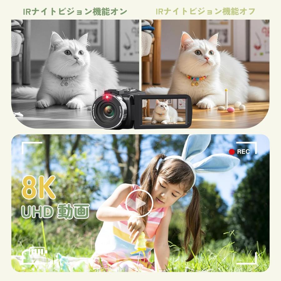 8Kビデオカメラ 本体 64GBメモリカード付属 ビデオカメラ 8K 動画撮影 6400万画素 64GB SDカード付き デジタル