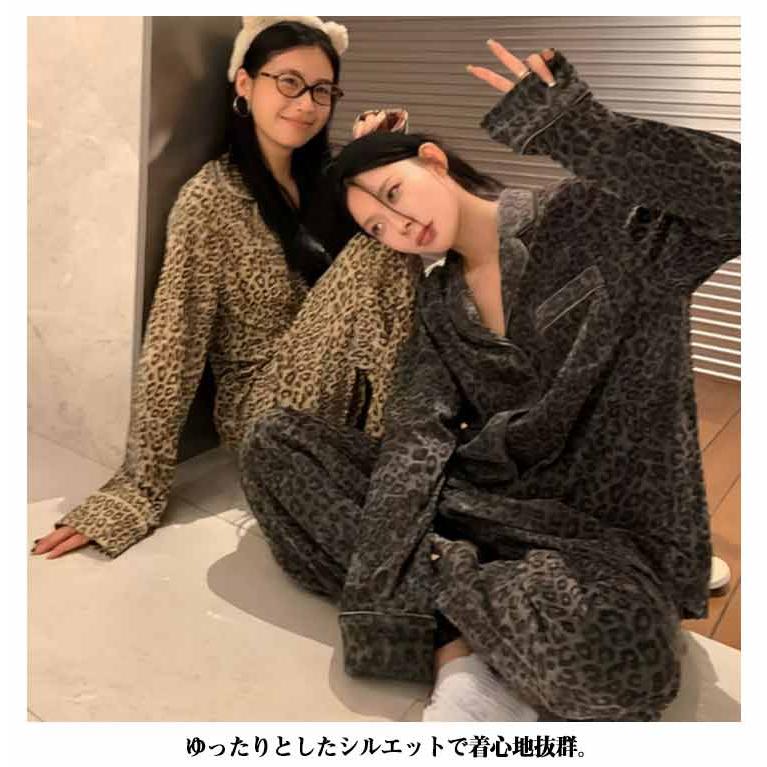 パジャマ ヒョウ柄 長袖 冬 セットアップ ルームウェア レディース 秋