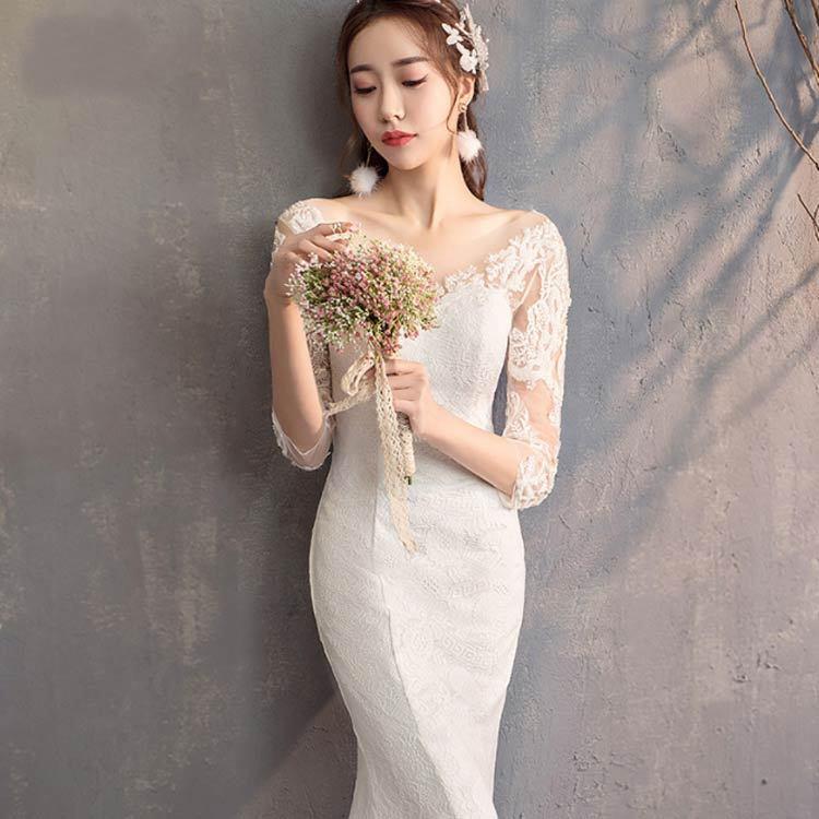 クリスマスツリー特価 トレーン付き マーメイドライン ウェディングドレス ドレス 編み上げタイ ウエディングドレス ウェディングドレス 七分袖 長袖 Vネック ウェディング トレーン サイズ 2xl Www Vke Apeldoorn Nl