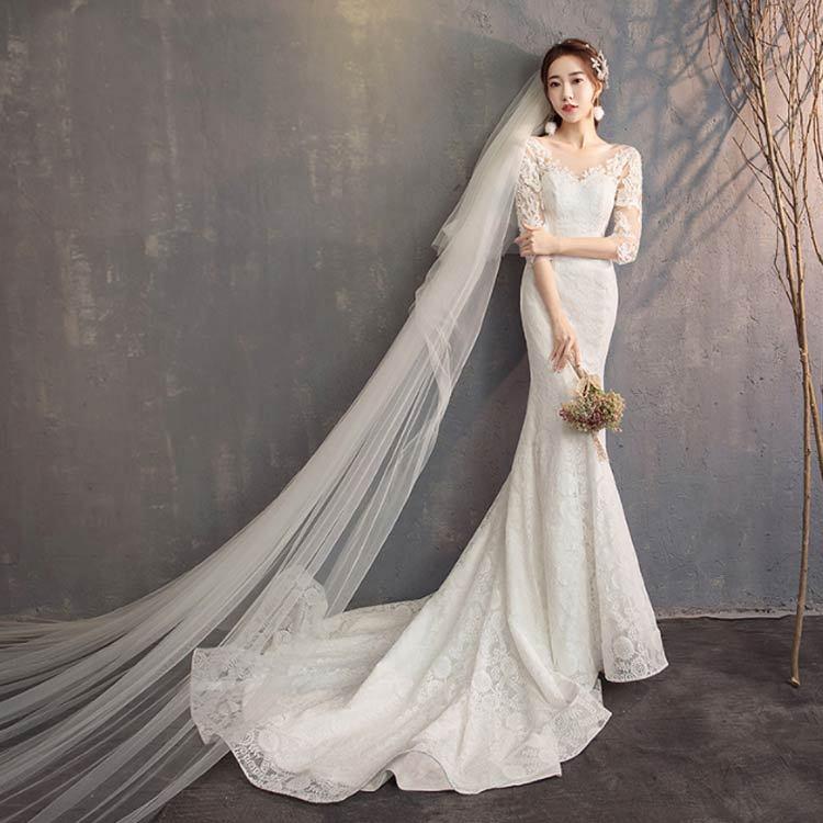 クリスマスツリー特価 トレーン付き マーメイドライン ウェディングドレス ドレス 編み上げタイ ウエディングドレス ウェディングドレス 七分袖 長袖 Vネック ウェディング トレーン サイズ 2xl Www Vke Apeldoorn Nl