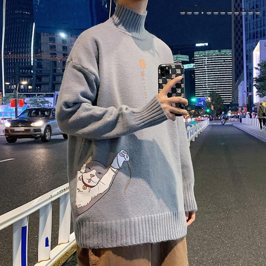 ニットセーター メンズ ゆったり クルーネック セーター 韓国ファッション プルオーバー セーター ストリート系 セーター ネコ絵