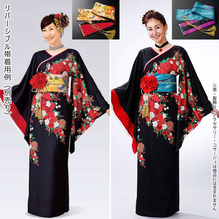 即納☆ 花プリントドレス OP416-3506 着物風 和柄 ロングドレス 花柄