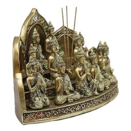 エブロス ギフト 金色 チベット仏教 仏壇 神棚 階段 ミニチュアディスプレイスタンド 蓮パドマ お香立て 12個のミニチュア瞑想仏陀 シャクムニセット 風水 置物_2