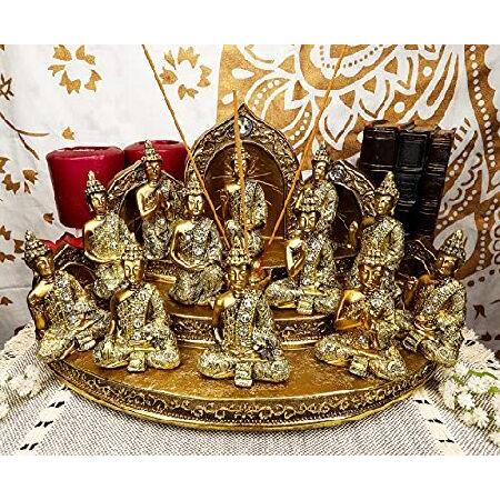 エブロス ギフト 金色 チベット仏教 仏壇 神棚 階段 ミニチュアディスプレイスタンド 蓮パドマ お香立て 12個のミニチュア瞑想仏陀 シャクムニセット 風水 置物_5