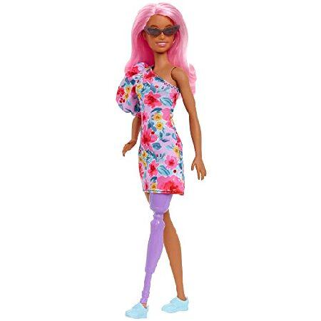 Barbie Fashionistas Doll #189， Pink Hair， Off-Shoulder Floral Dress， Sunglasses， Prosthetic Leg， Sneakers， Toy for Kids 3 to 8 Years Old_2