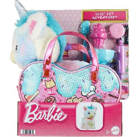 Barbie Plush Toy Set， Unicorn Stuffed Animal with Dessert-Themed Purse ＆ 5 Accessories， Chef Pet Adventure_5