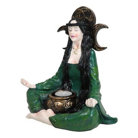 Ebros Gift Wicca Tribal Grand High Witch Meditating with Cauldron and Triple Moon Plaque Votive Candle Holder Collectible Figurine 9.5\" Hの画像