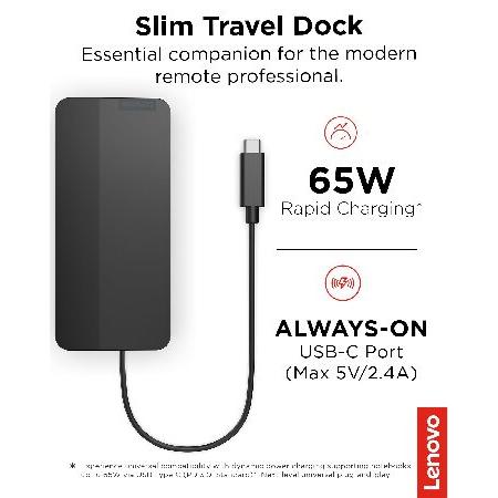 Lenovo USB-C スリムトラベルドック 8ポート 最大65W PDパススルー、USB-Cケーブル、4Kディスプレイ対応 ブラック