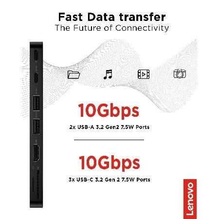 Lenovo USB-C スリムトラベルドック 8ポート 最大65W PDパススルー、USB-Cケーブル、4Kディスプレイ対応 ブラック