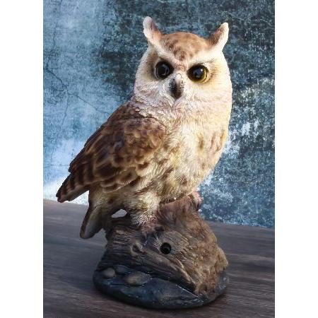 Ebros Gift Realistic Hand Painted Baby Eagle Owl Bird Perching On Tree Stump Guest Greeter with Built in Motion Activated Sensor Hooting Sound Statueの画像